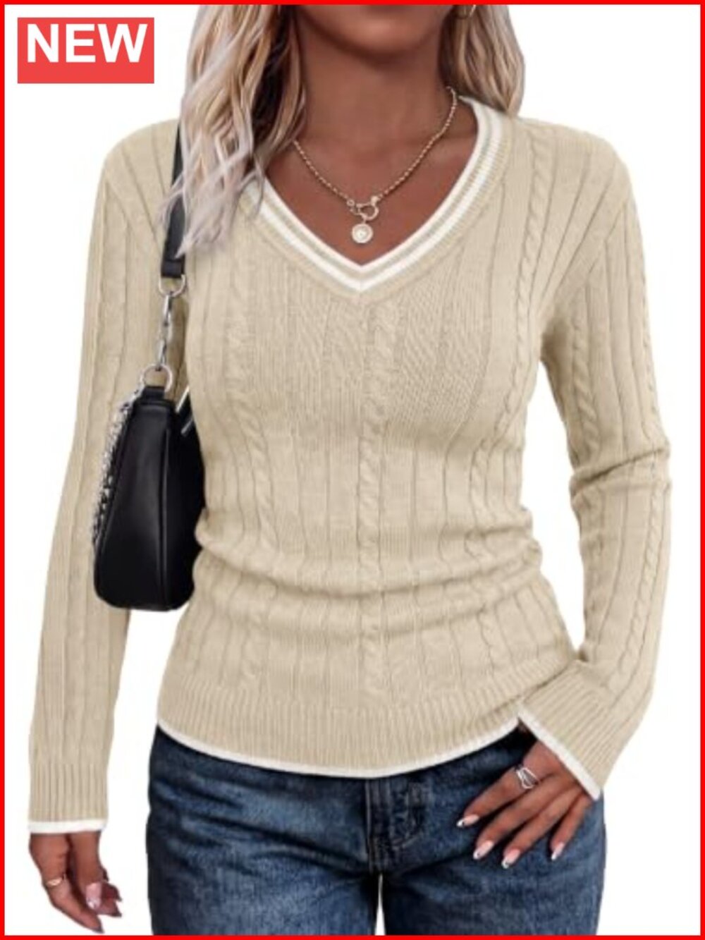Womens Cable Knit V Neck Sweater Long Sleeve Slim Fit Color Block Pullover